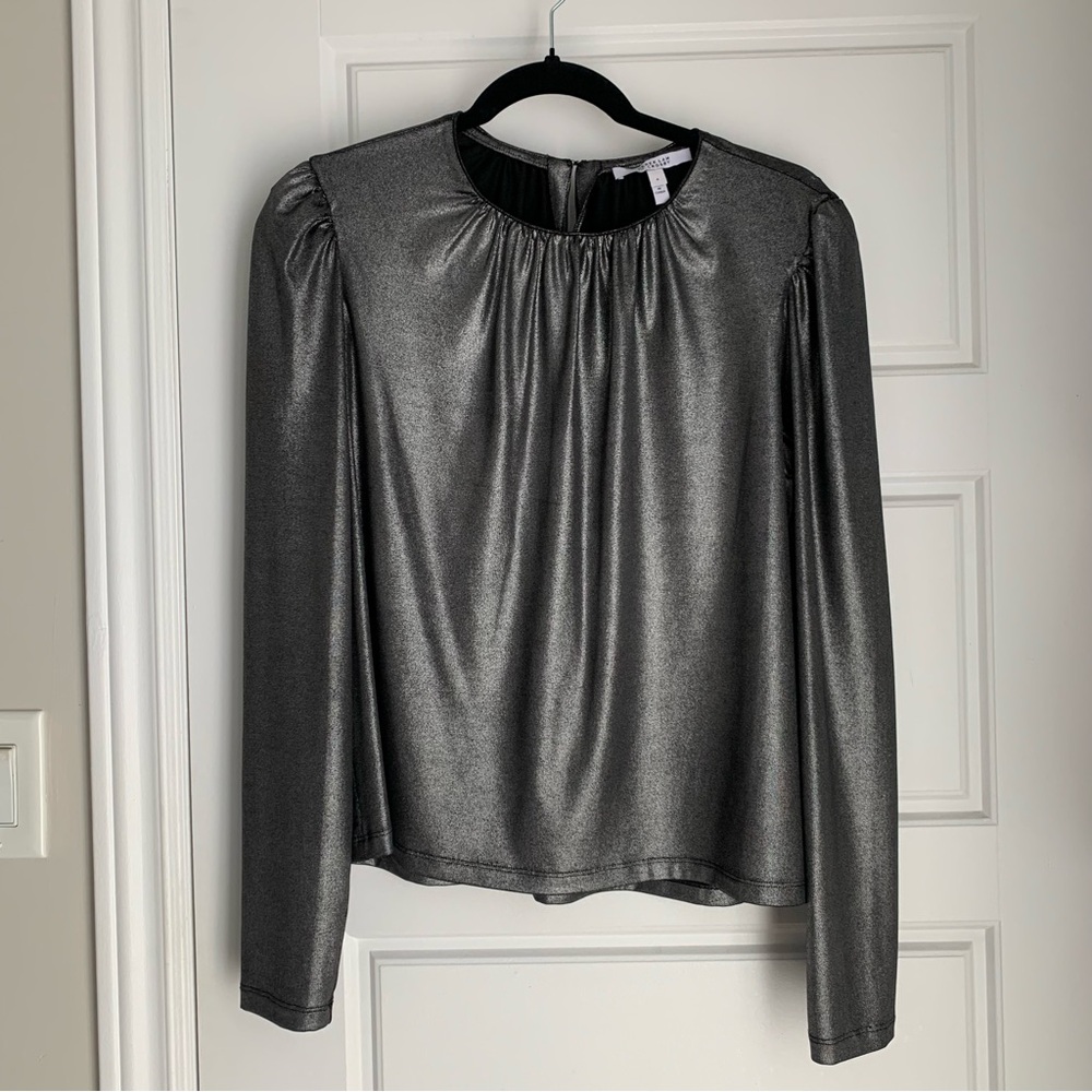 DEREK LAM Metallic Gunmetal Gray Long-Sleeve Women's Top